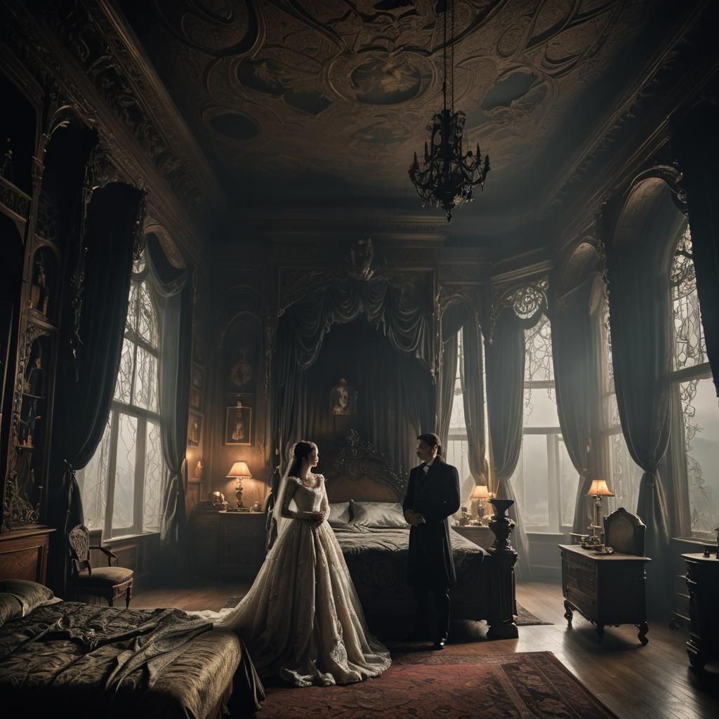 Dracula and Bride in Gothic Bedroom