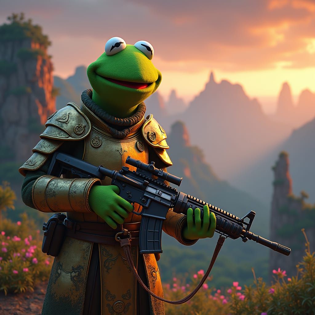 Kermit the Frog Knight in Fantasy Landscape