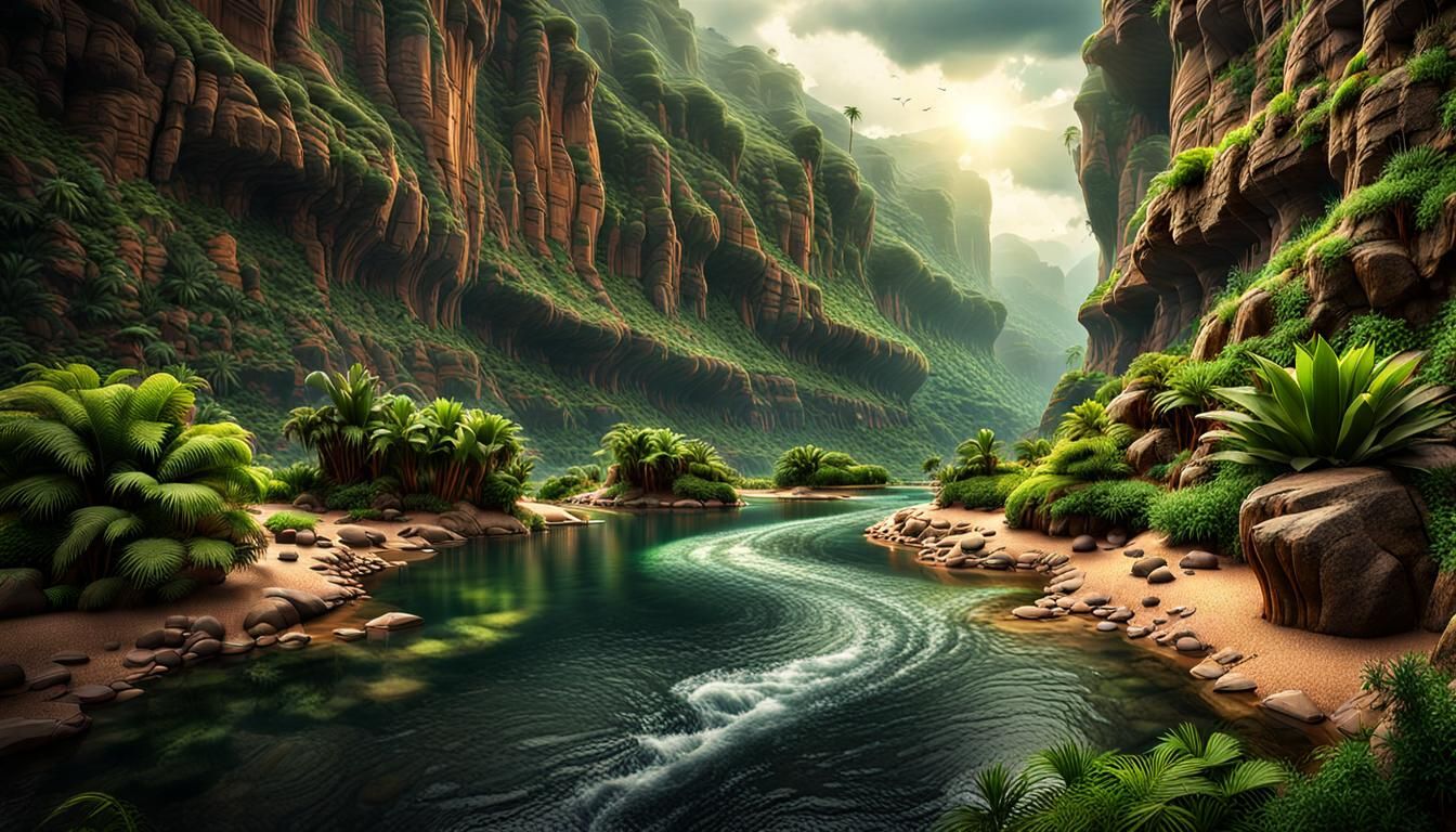 Hyperrealistic Tropical Canyon with Winding River