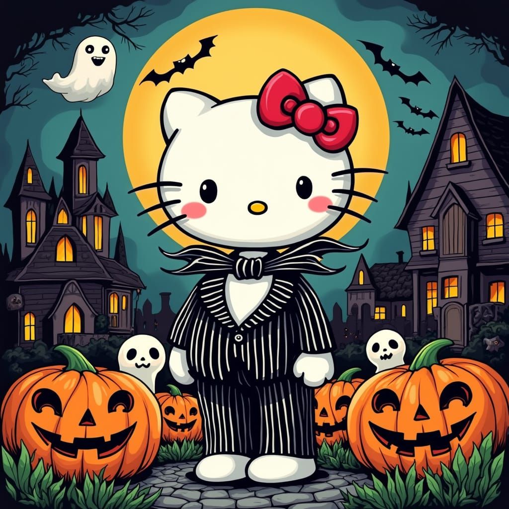 Hello Kitty as Jack Skellington in Whimsical Style