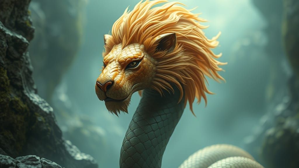 Lion-Headed Serpent Hybrid in a Fantastical Realm