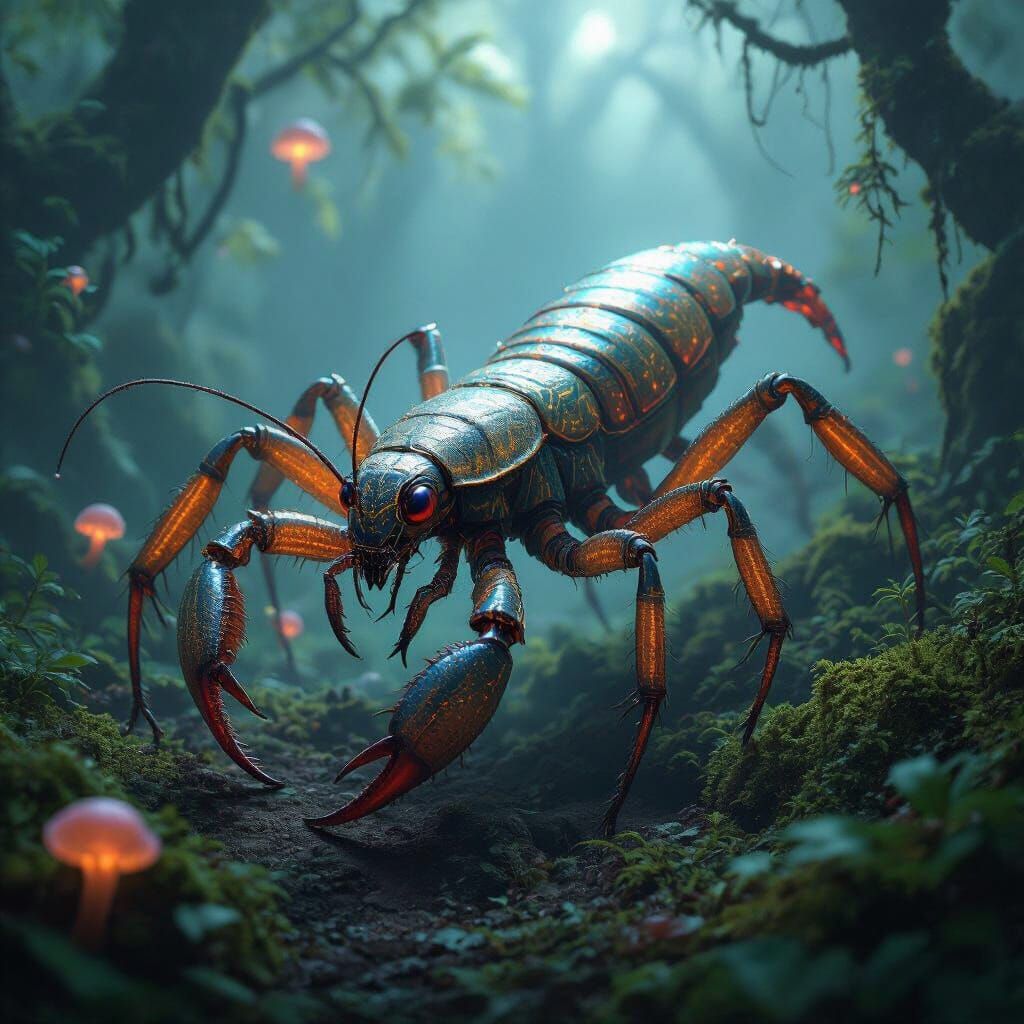 Bioluminescent Scorpion-Mantis in Alien Jungle