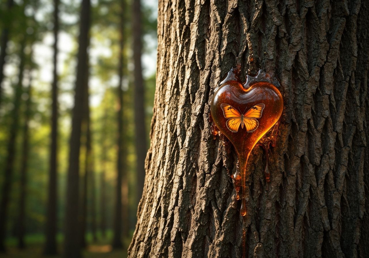 Butterfly Encased in Amber Heart on Tree Trunk