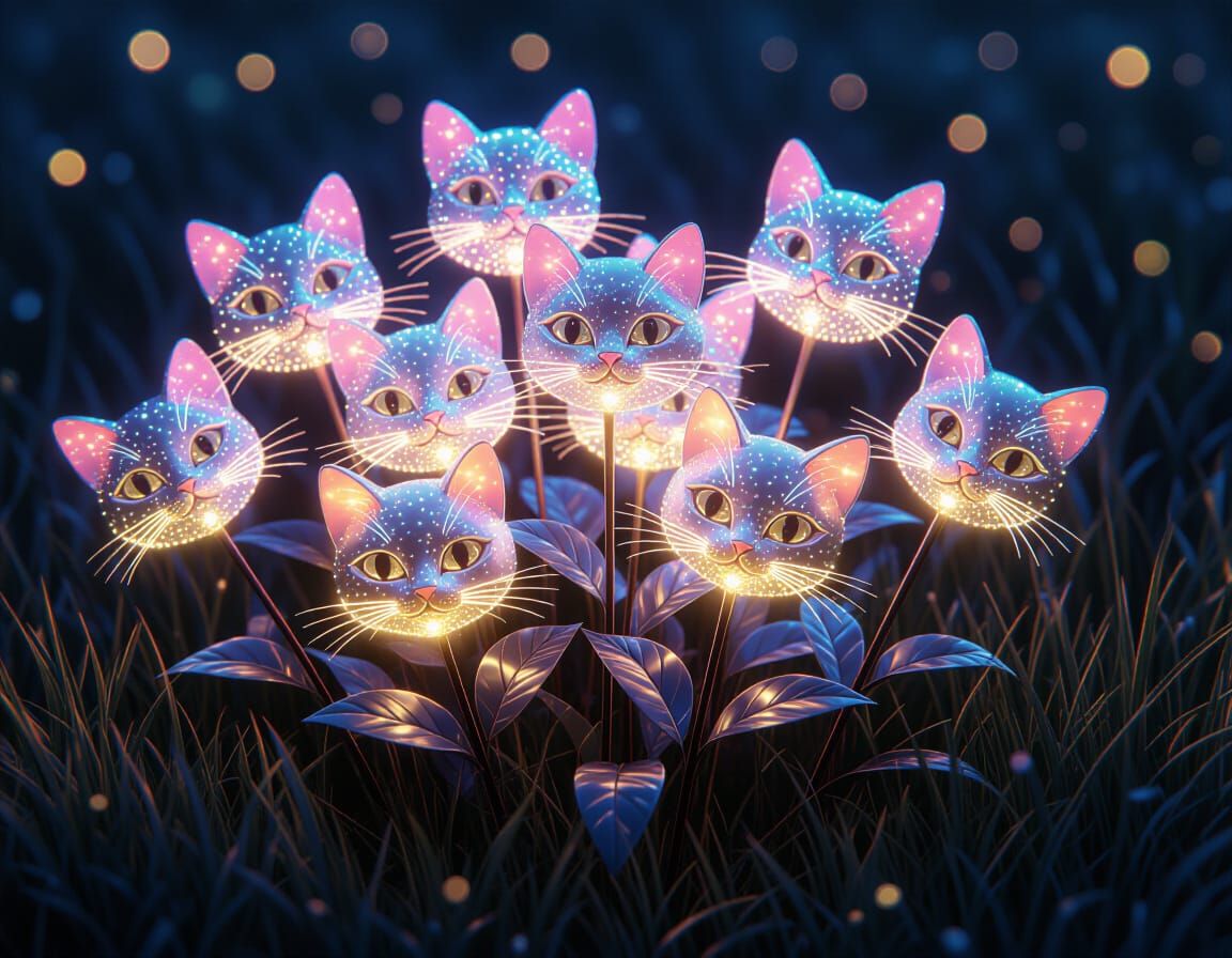 Luminous Cat Face Flowers in Botanical Fantasy Art