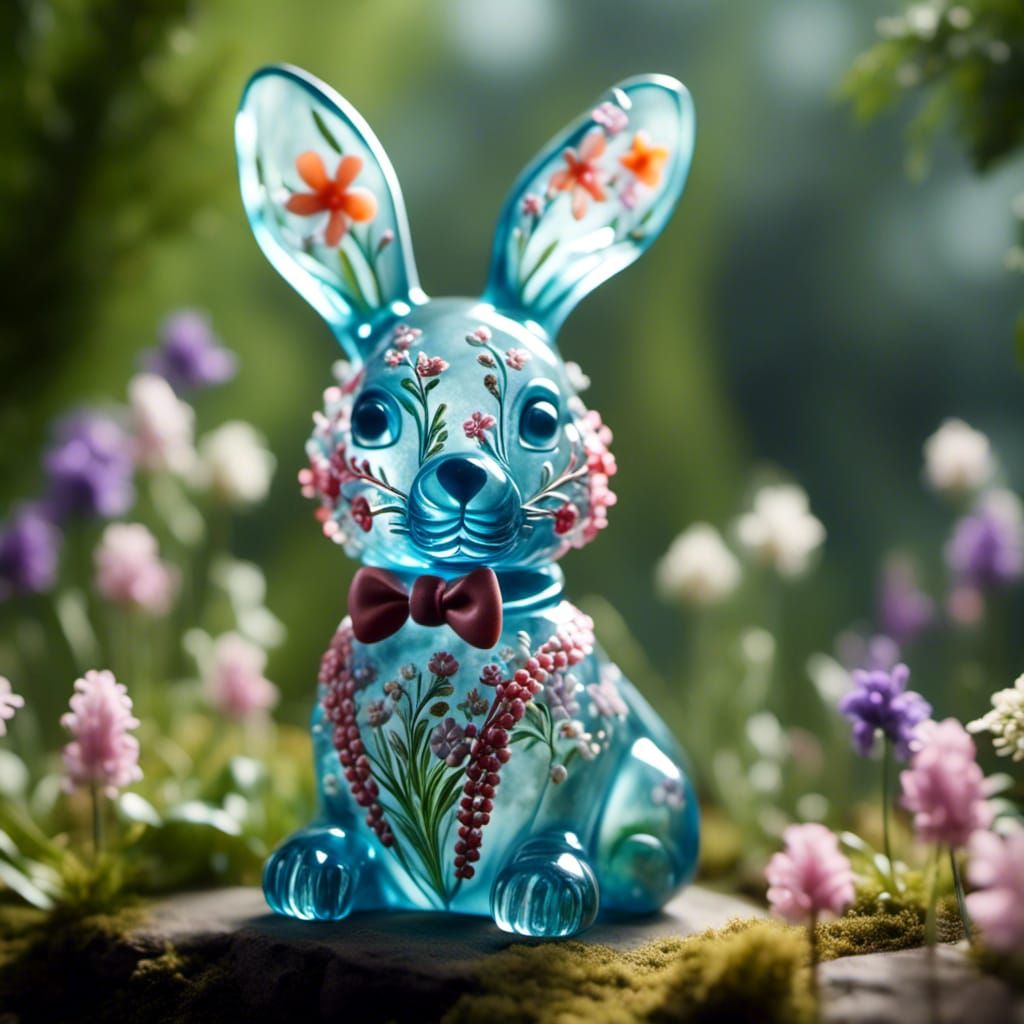Translucent Glass Rabbit in Flower Garden