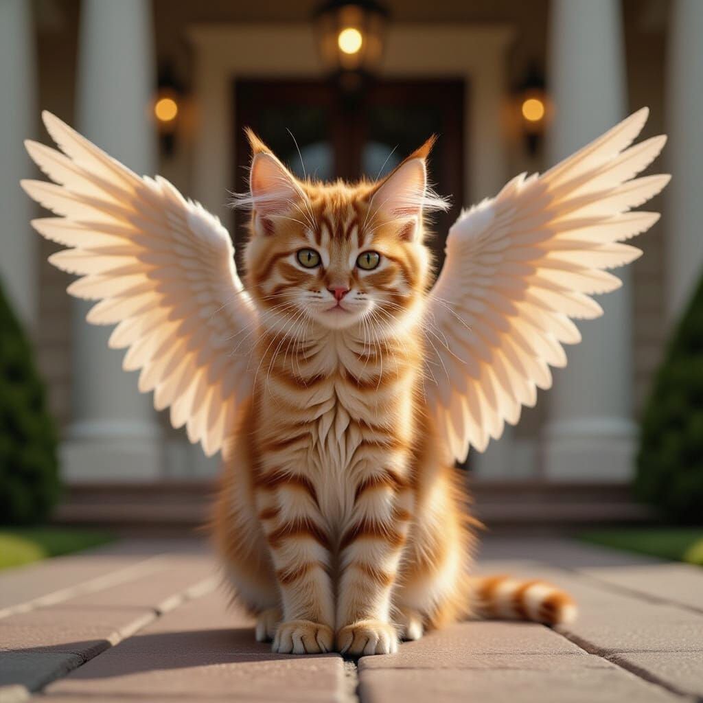 Ginger Kitten with Wings Outside a Mansion