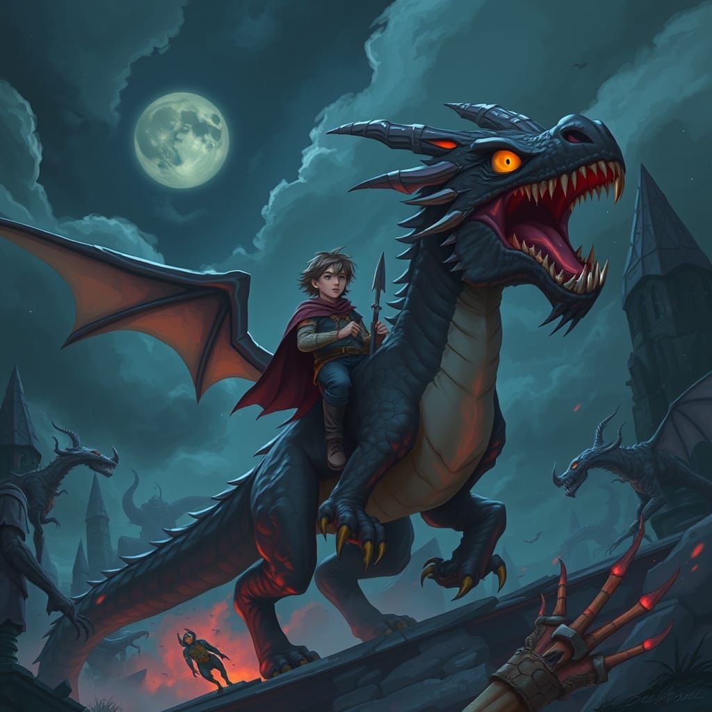 Tommy Rides a Dragon in a Mystical Pastel Sky
