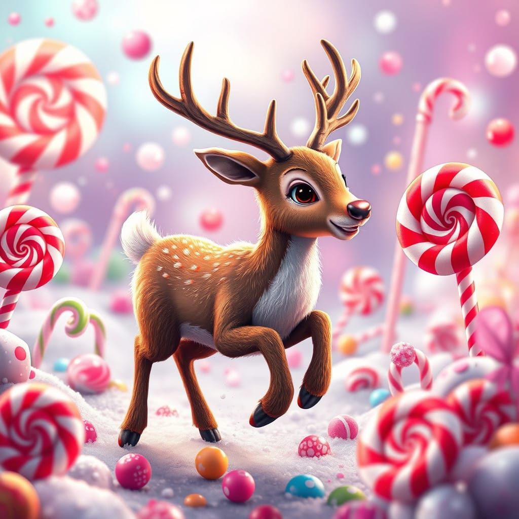 Whimsical Reindeer in a Vibrant Candyland Landscape