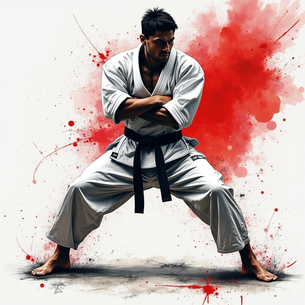 Powerful Judo Athlete in Abstract, Mixed Media Art