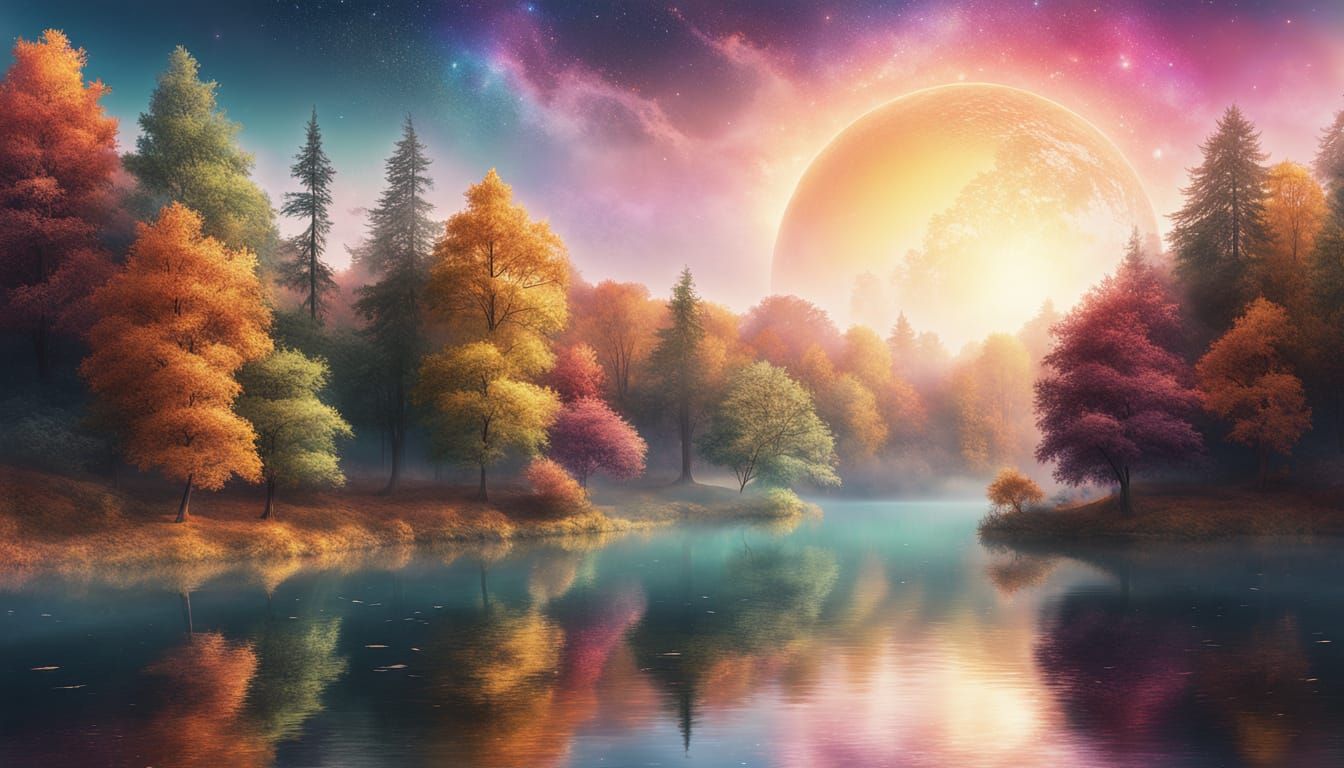 Autumn Lake Scene in Cosmic Illustration Style