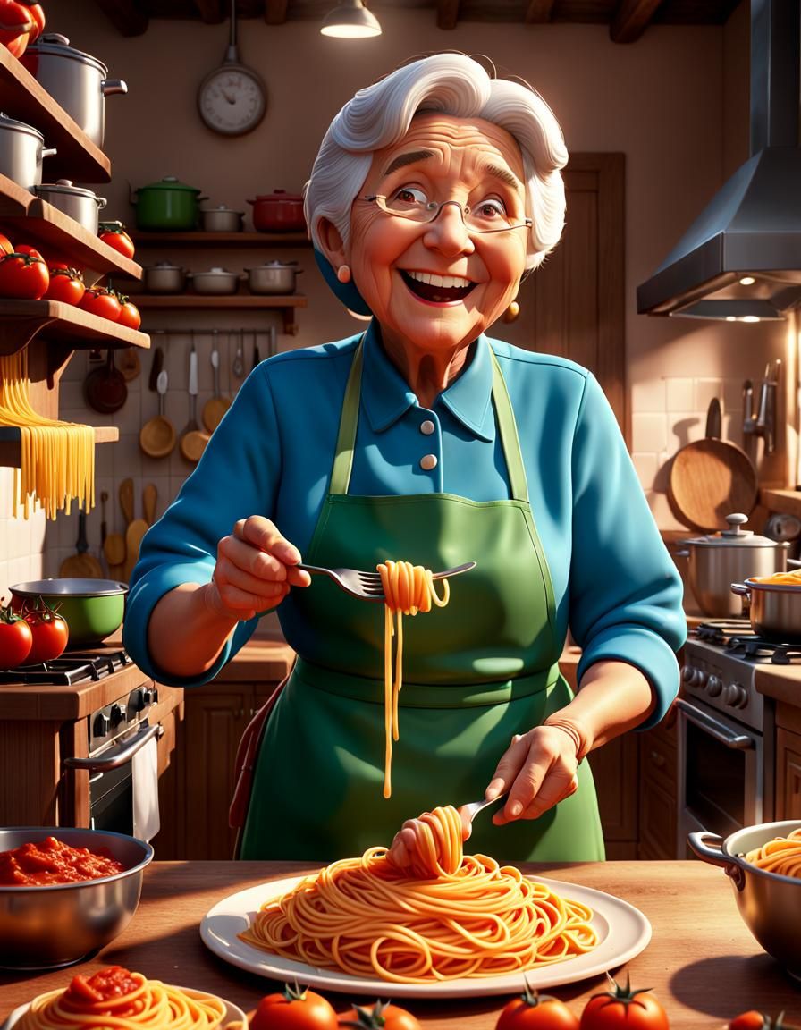 Happy Italian Nonna Cooking Pasta, 3D Digital Art