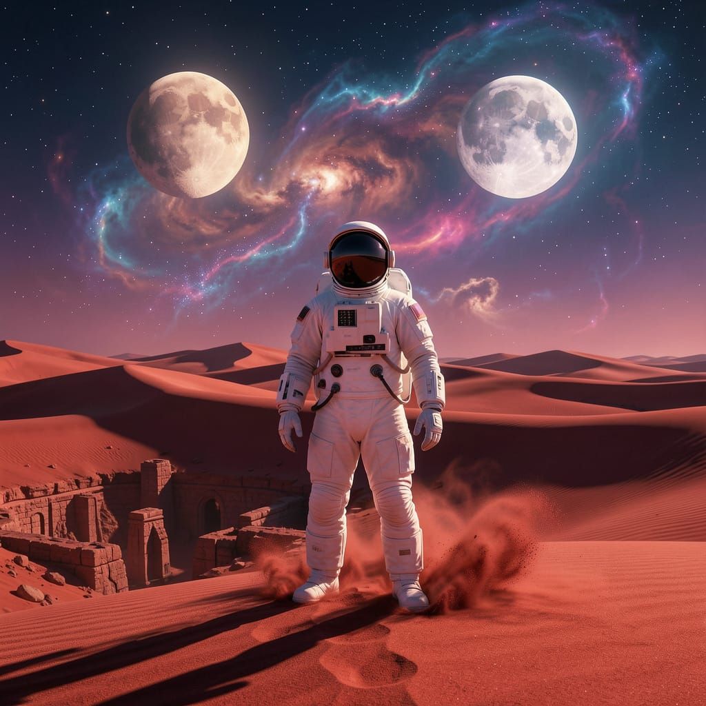 Astronaut on Alien Desert Under Twin Moons and Nebulae
