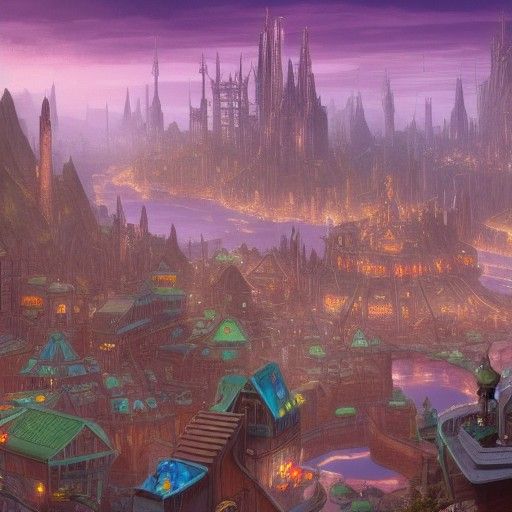 Cyberpunk Elven Market with Floating Castles