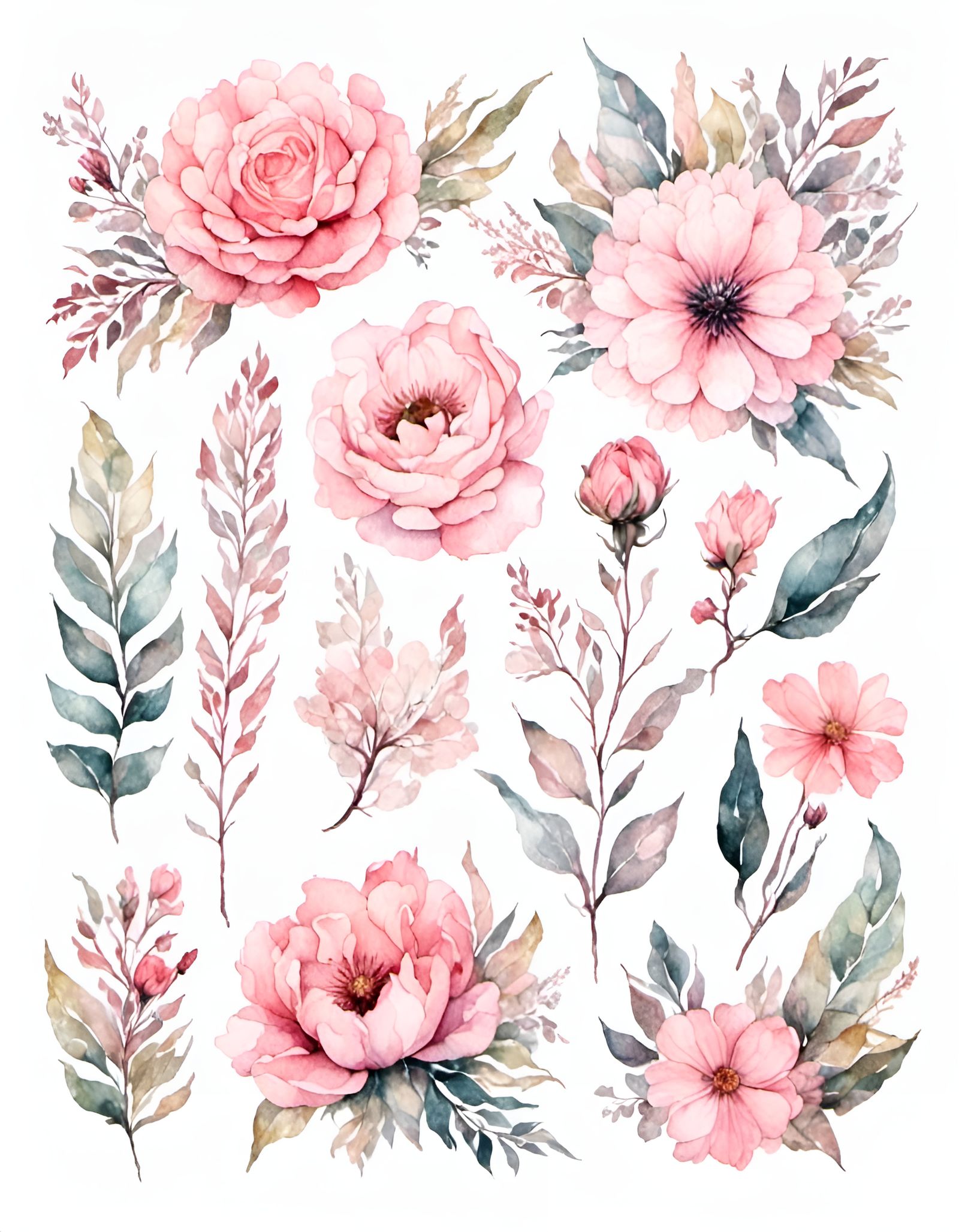 Watercolor Pink Flower Clipart Arrangement
