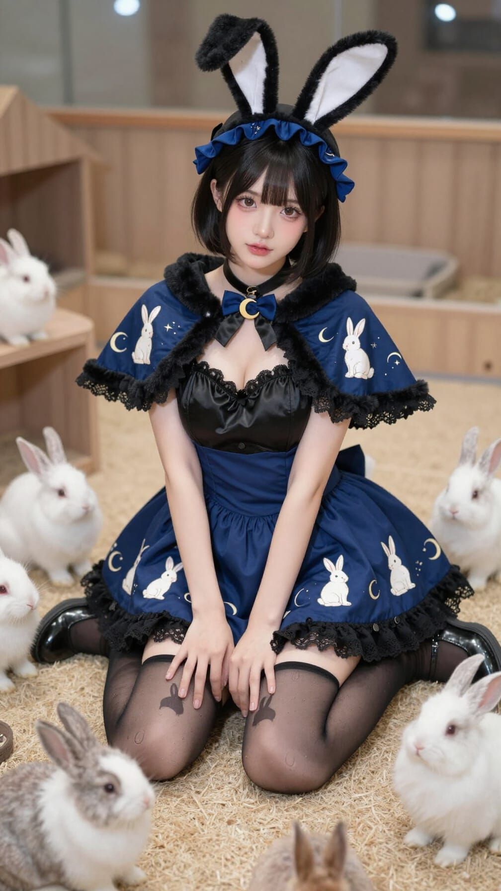 Thai Woman in Bunny Moon Outfit Posing with Bunnies