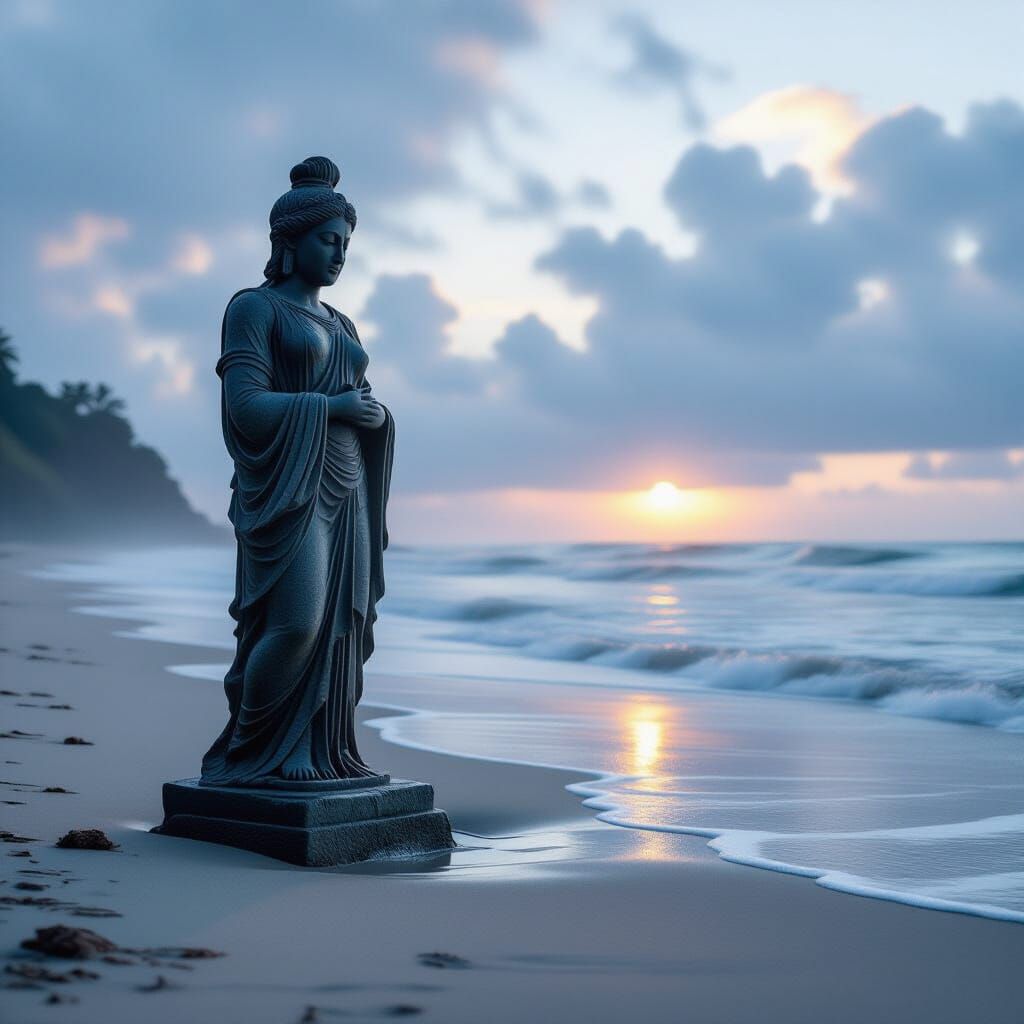 Ancient Statue on Misty Beach at Dawn