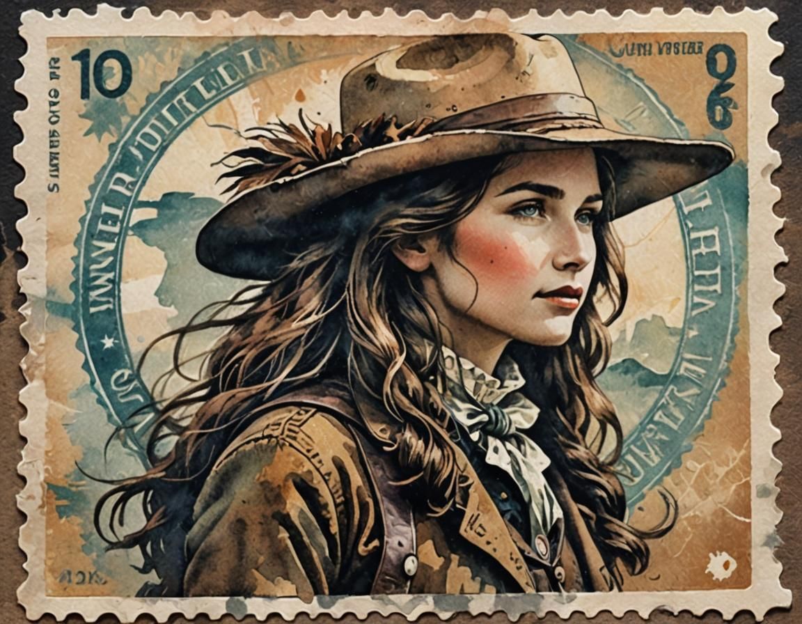 Annie Oakley Postage Stamp in Watercolor and Ink