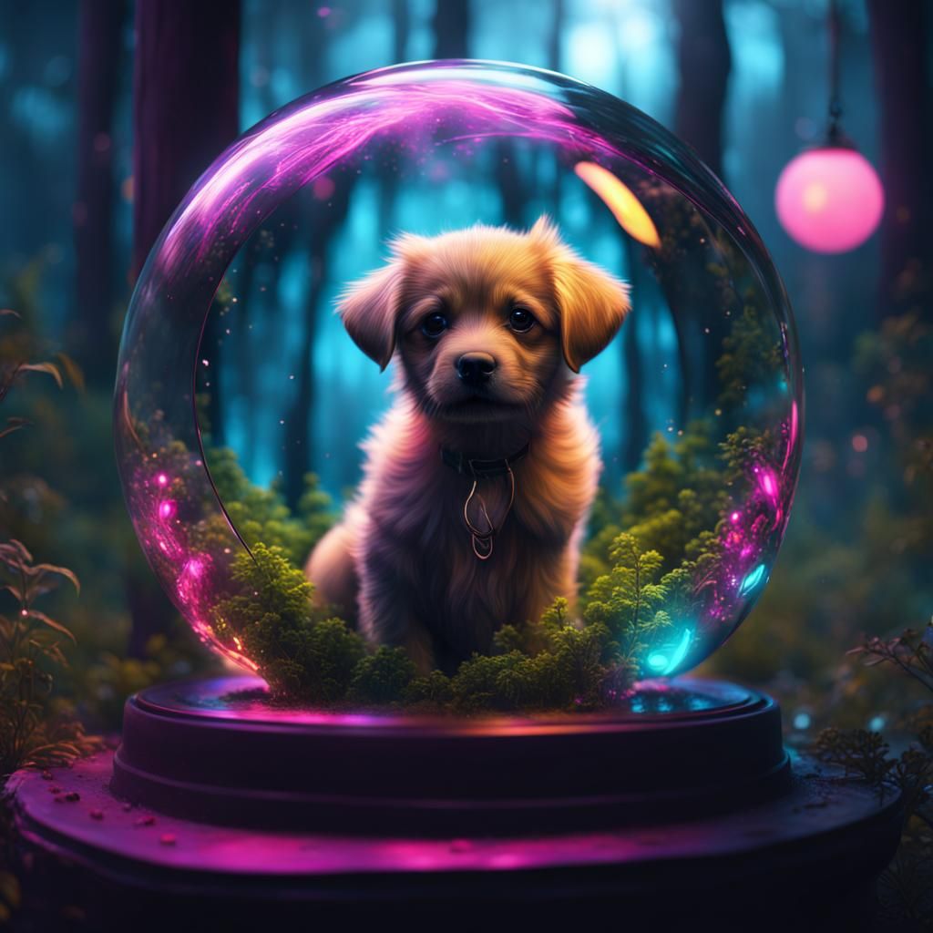 Puppy in Glass Ball Flying Over Neon Forest