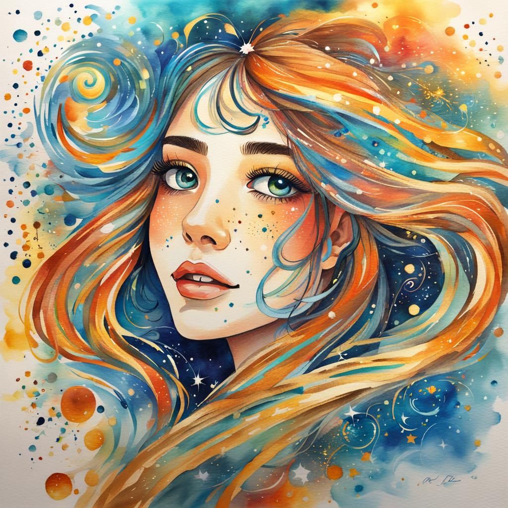 Celestial Woman with Zodiac Signs, Watercolor Painting