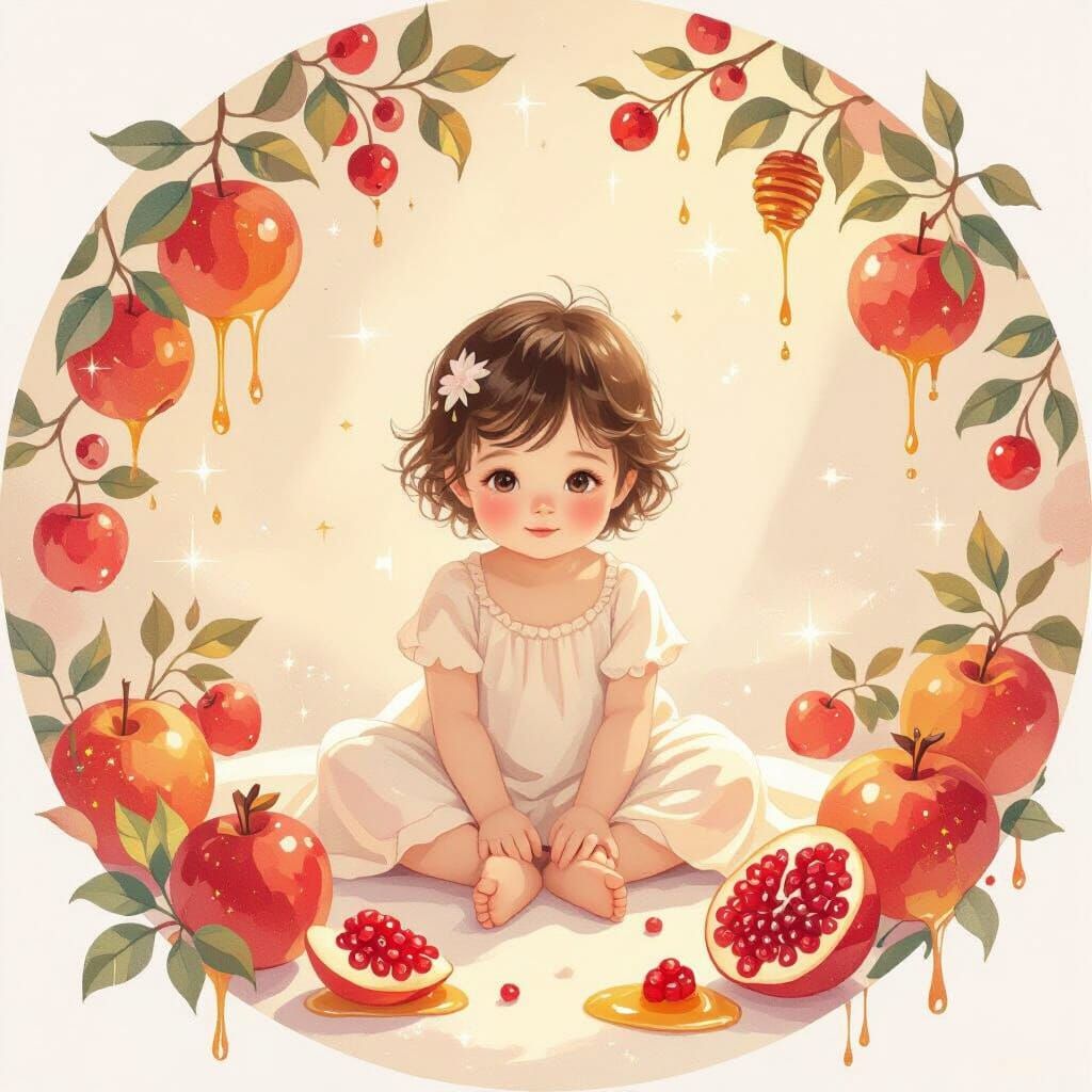 Child with Fruit and Honey Background in Pastel Glitter Styl...
