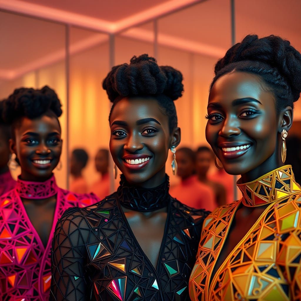 Smiling Women in Geometric Plastic Garments