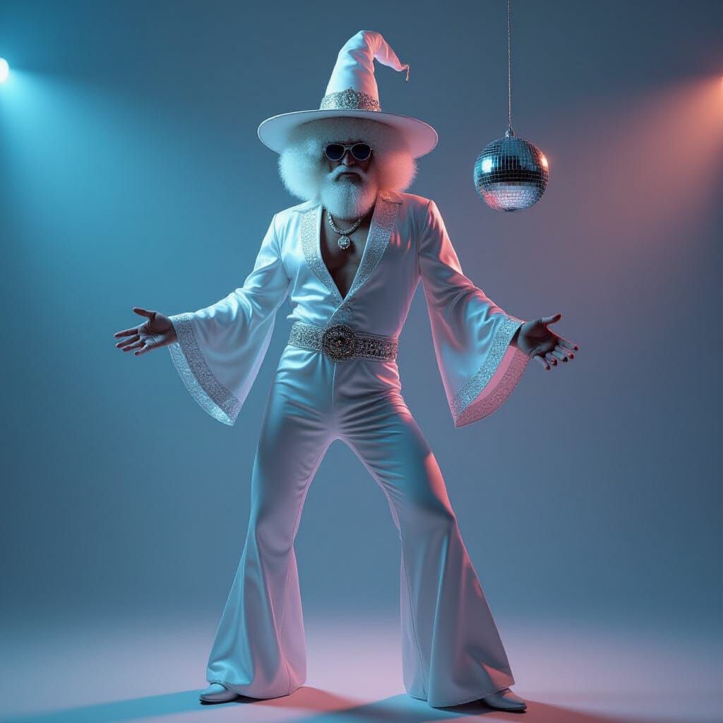 Photorealistic Disco Wizard in 1970s Style