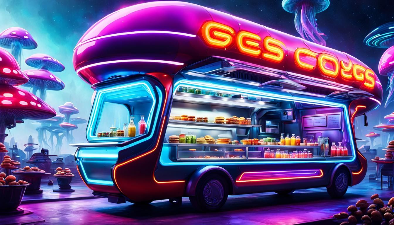 Futuristic Spaceship Food Truck with Neon Lights