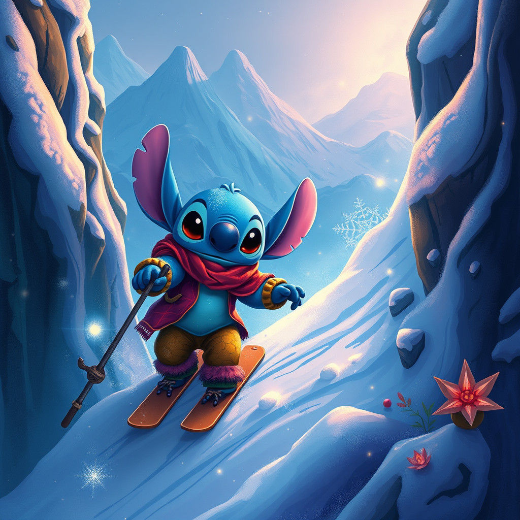 Stitch Skiing Down a Prehistoric Winter Mountain