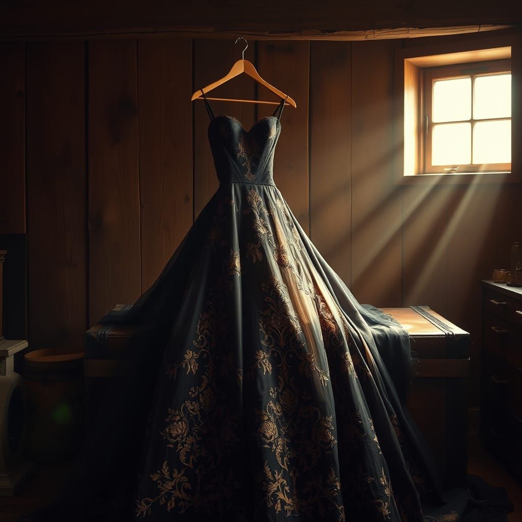 Elegant, Intricately Embroidered Gown in Warm Attic Setting