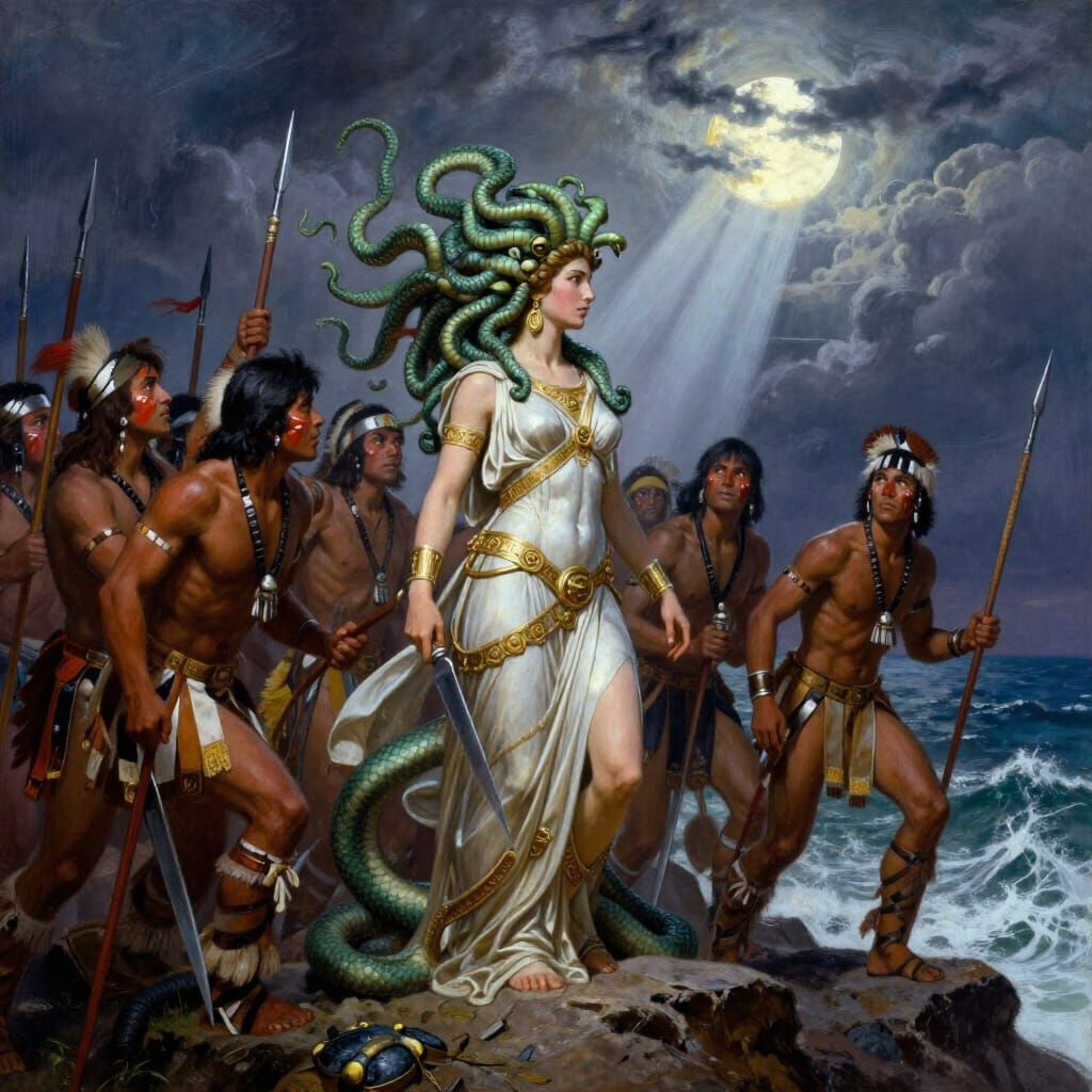 Helen of Troy Faces Medusa with Native American Warriors