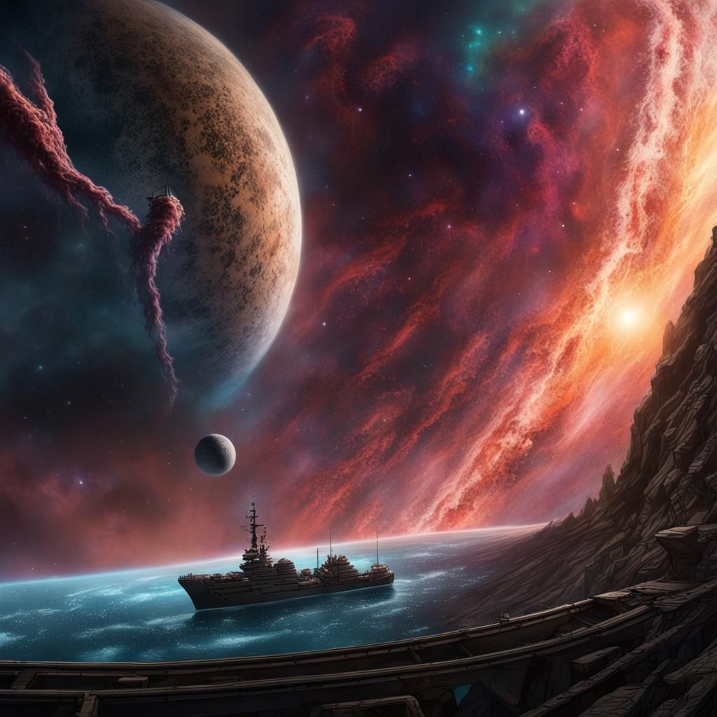 Hyperrealistic Spaceship with Tentacles in Nebula