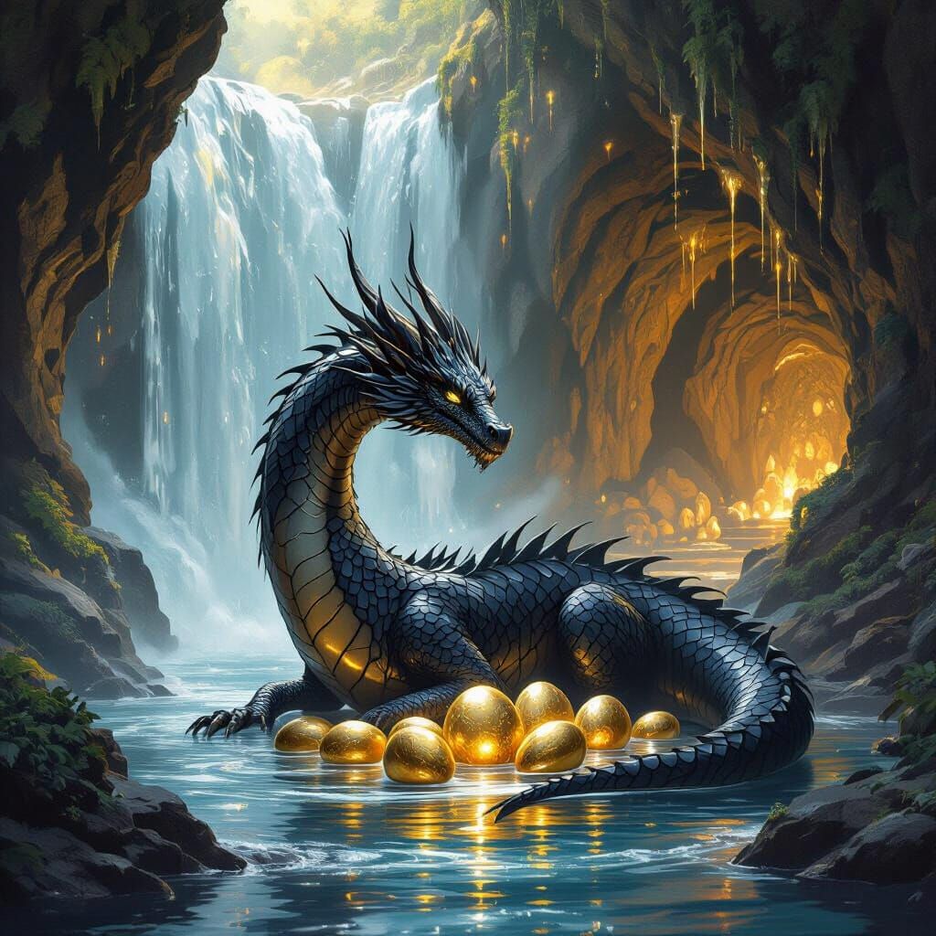 Dragon Guarding Golden Eggs at Waterfall, High Fantasy Art