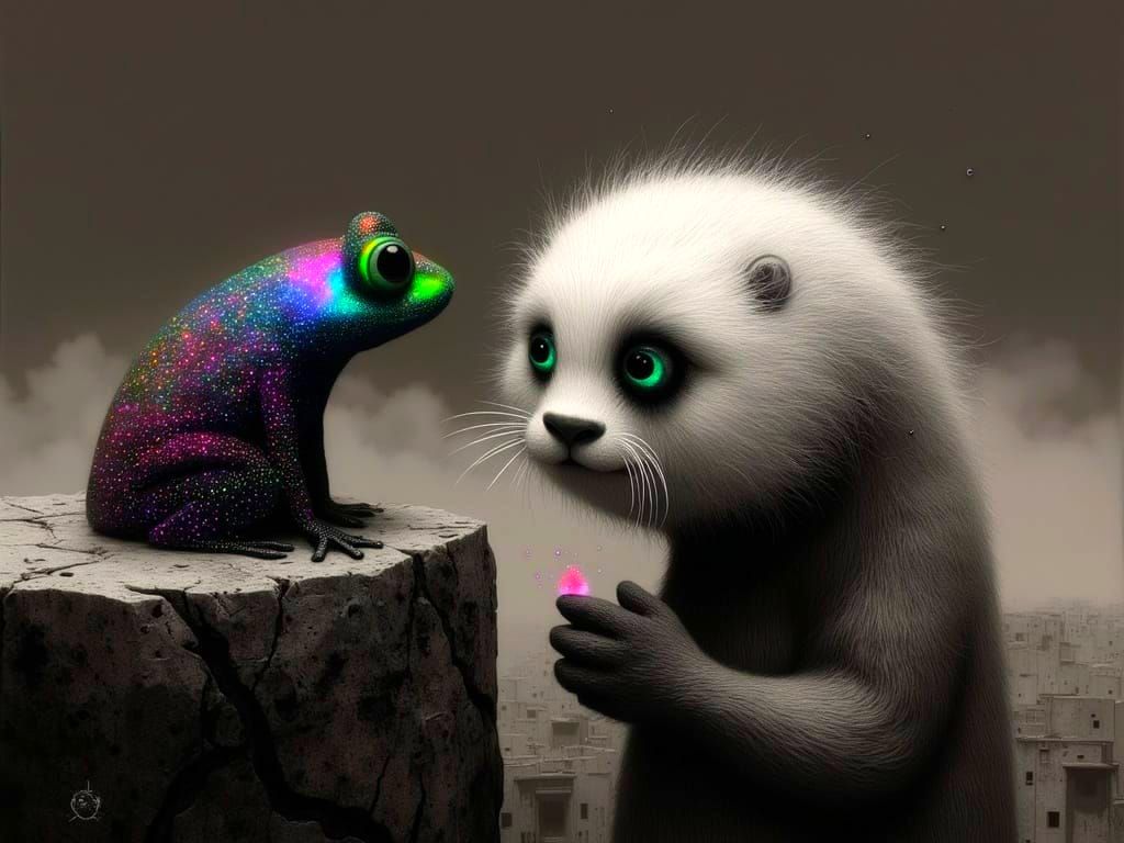 Majestic Frog and Otter Scene in Hyperreal Style