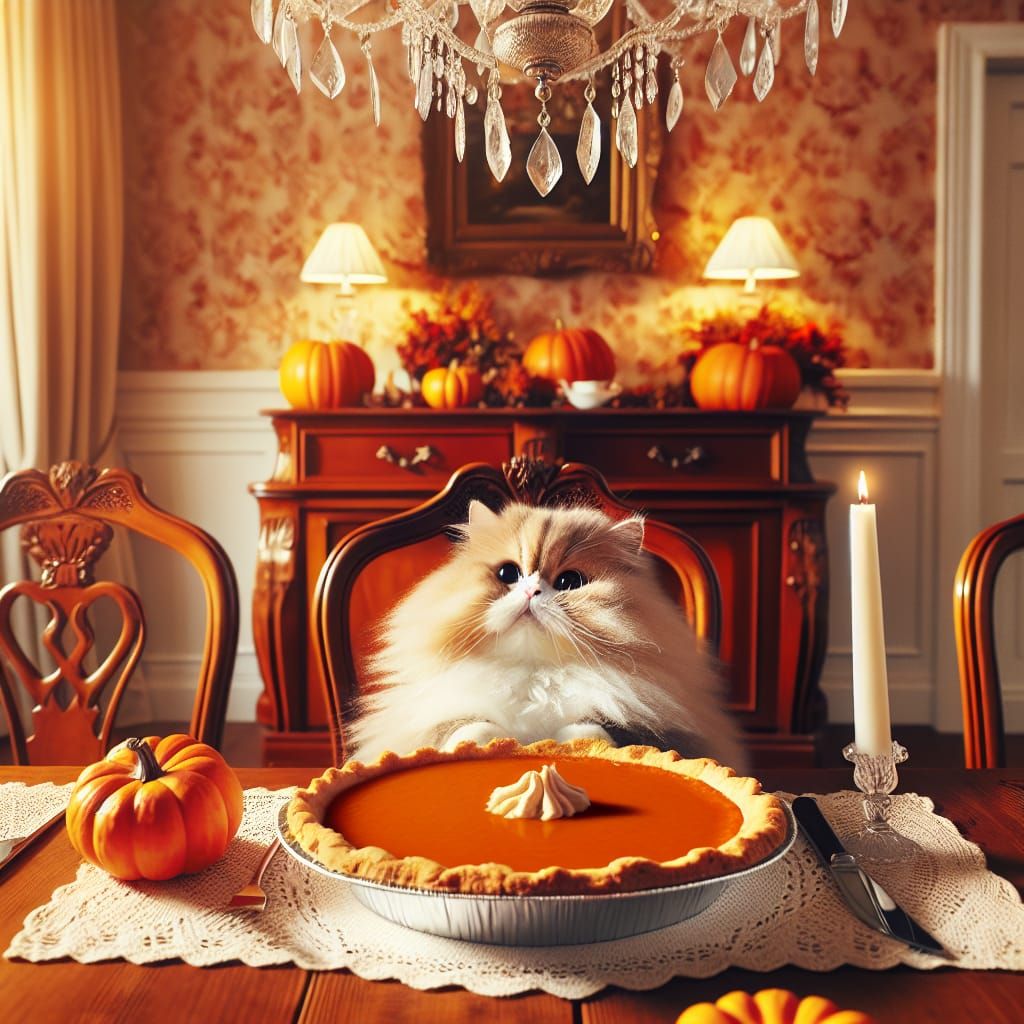 Cute Cat Enjoys Pumpkin Pie at Thanksgiving