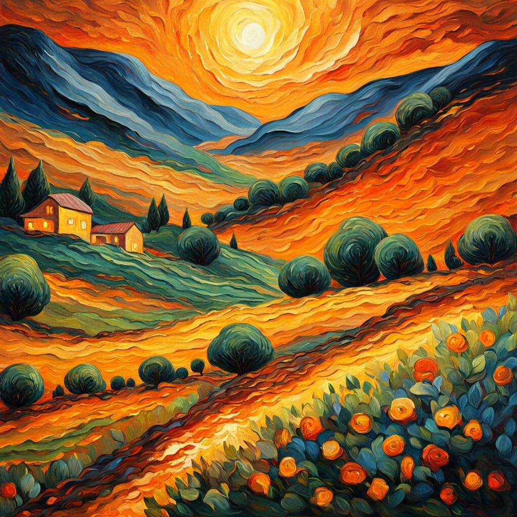 Mystical Fire Beneath Hill: Neo-Impressionist Oil Painting
