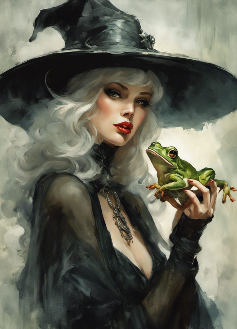 Pin-Up Witch Kissing Frog, Classic Pin-Up Art