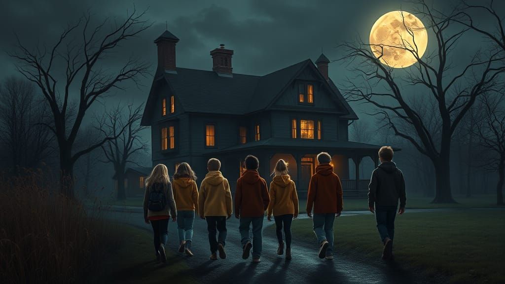 Kids Approach Haunted House with Eerie Lighting