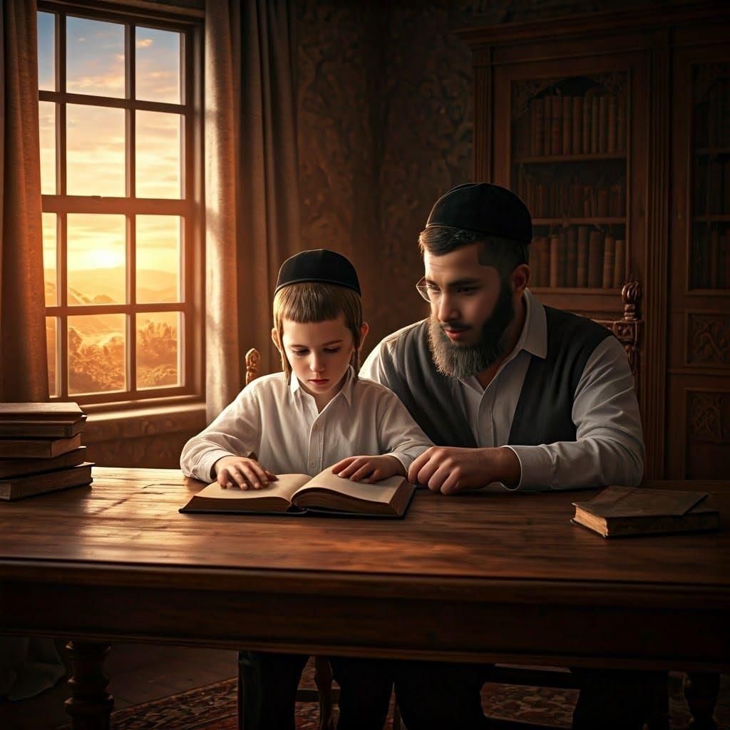 Young Hassidic Boy Studies Ancient Tomes in Sunset Glow