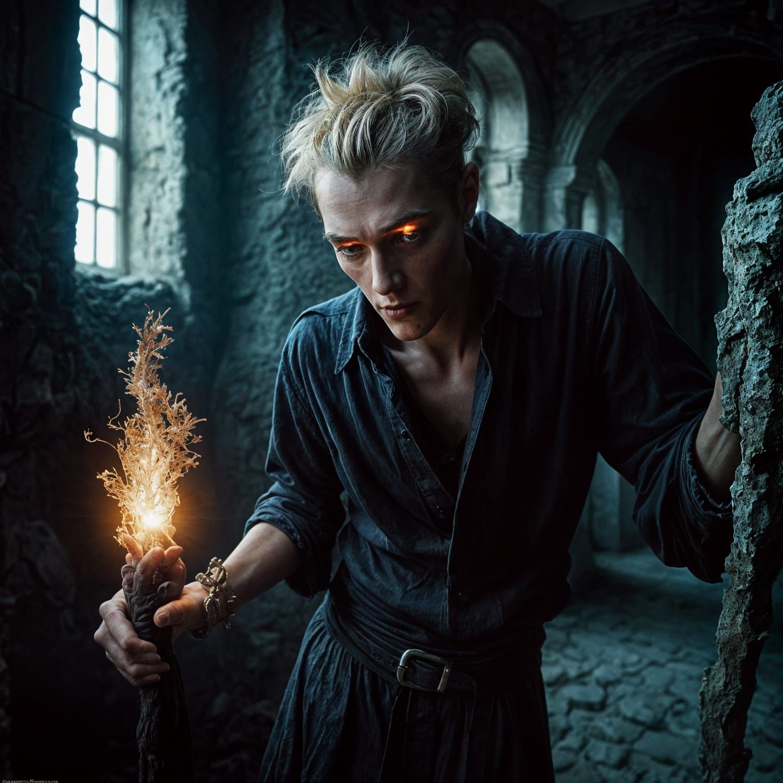 Surreal Figure in Dark Castle, with Torched Hand and Staff