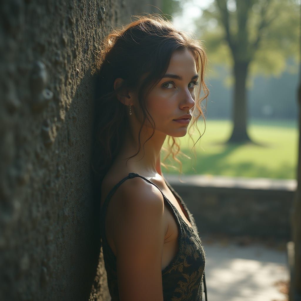 Ethereal Figure Contemplates Oak Tree in Soft Light