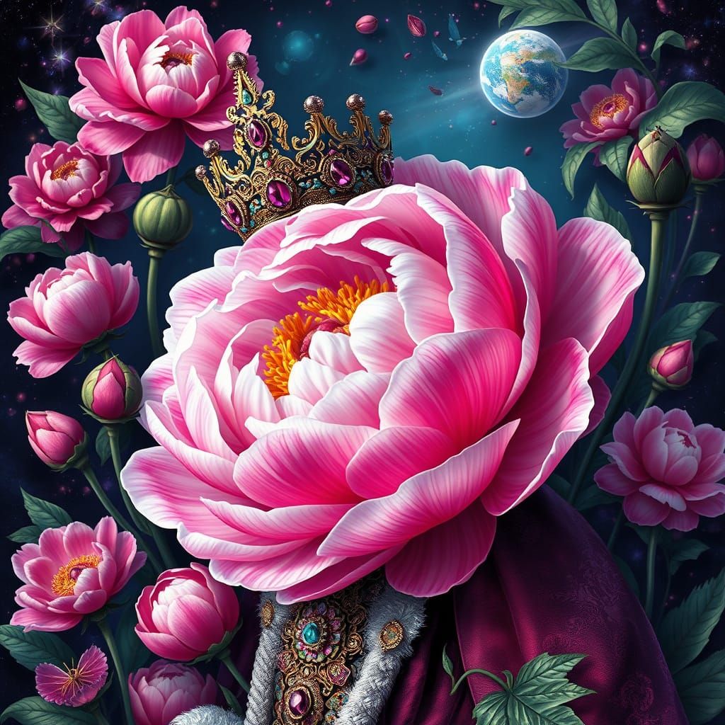 Enchanted Peony Queen in Cosmic Floral Kingdom