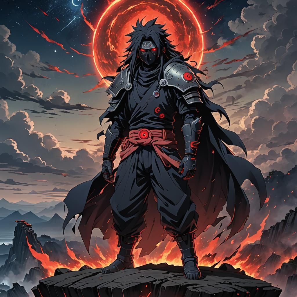 Madara Uchiha Portrait with Black Flames and Cosmic Sky