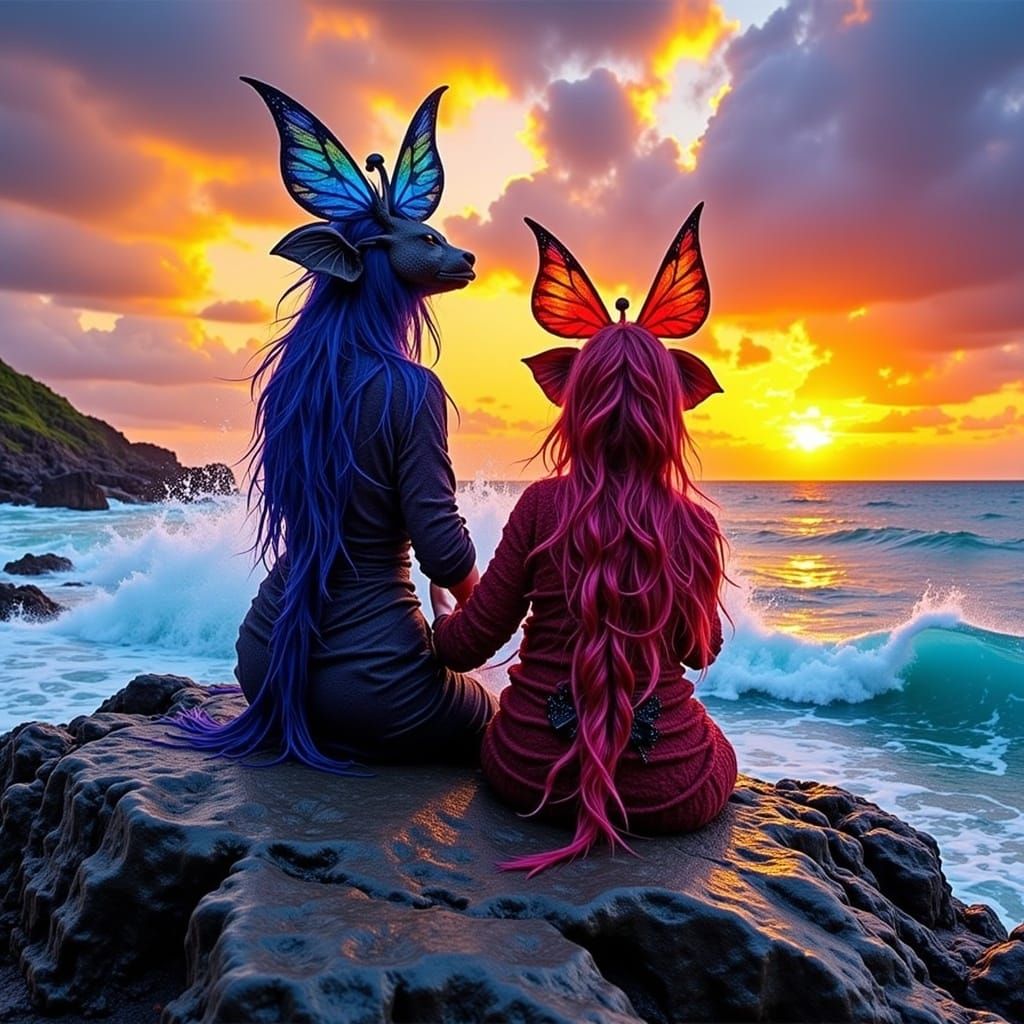 Irish Pixies on Jagged Rocks at Sunset