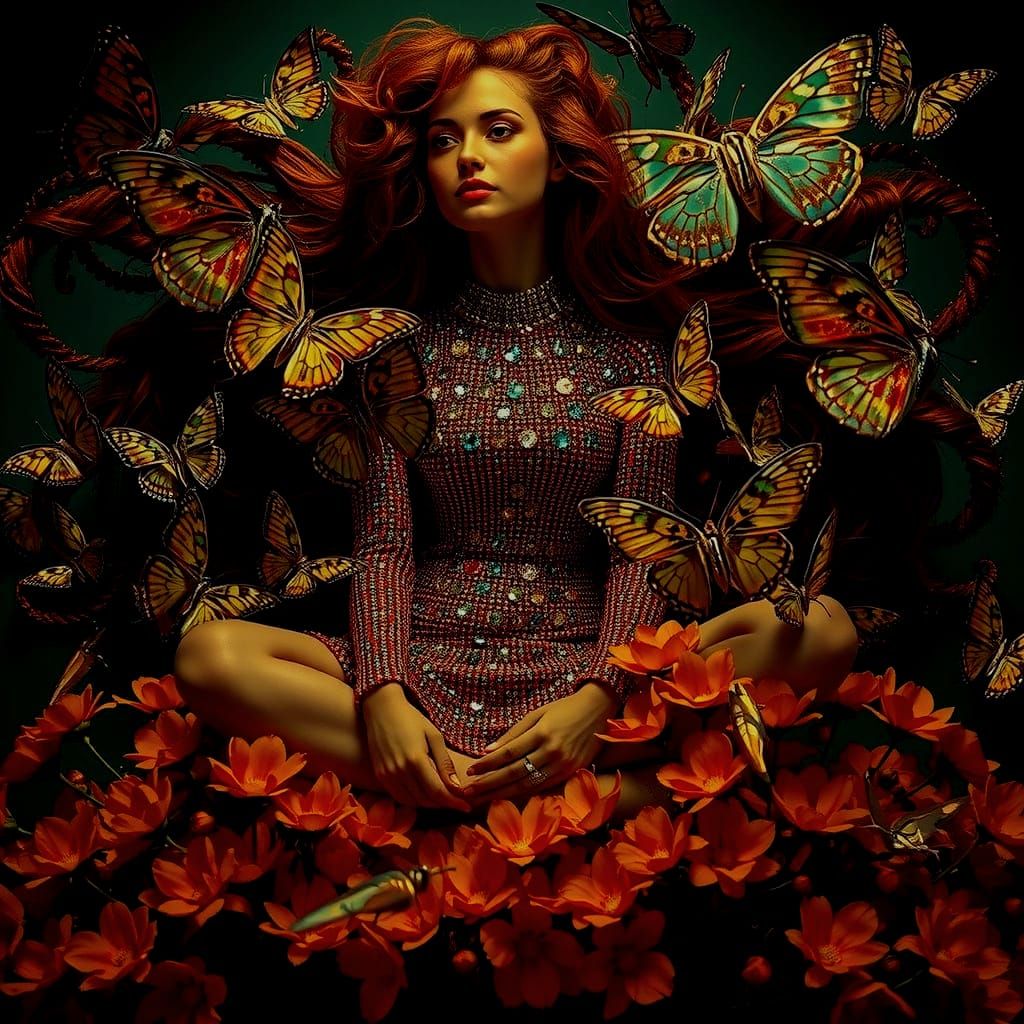 Bejeweled Figure on Velvet with Butterflies