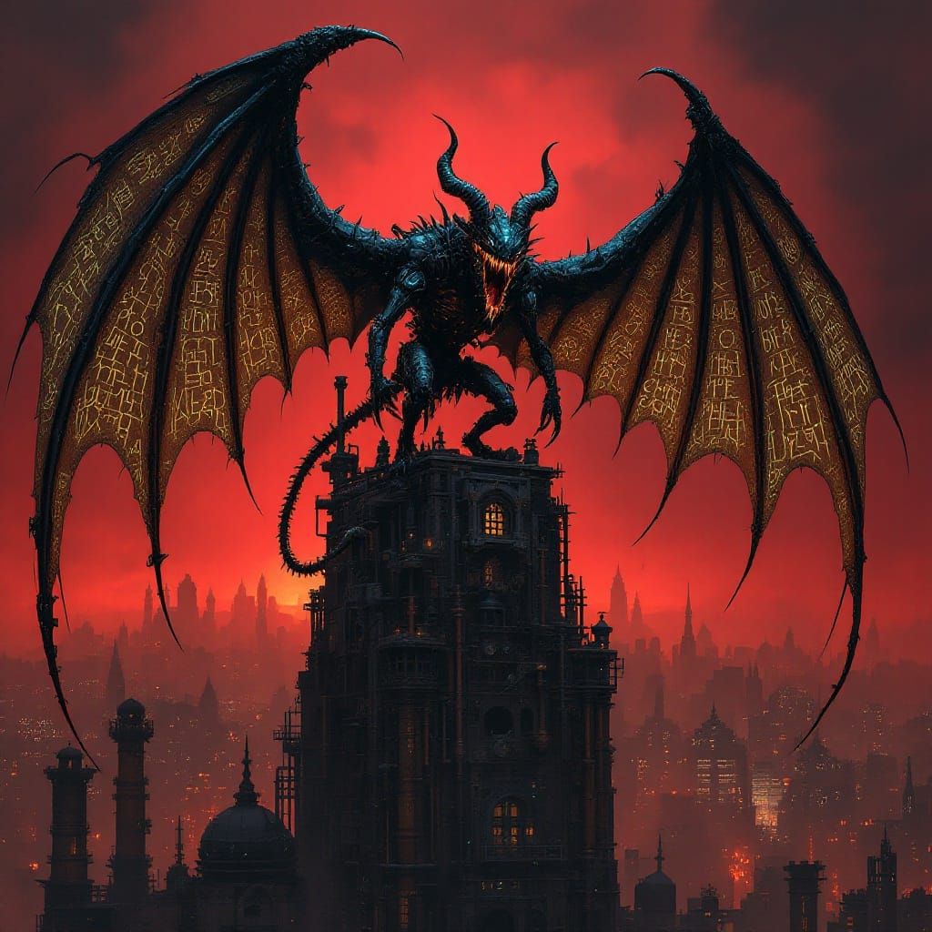 Dieselpunk Demonic Creature Soars with Metal Wings