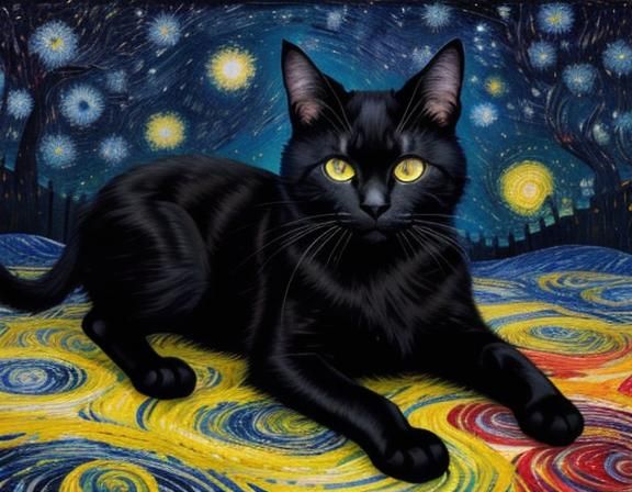 Black Cat in Starry Night Style Painting