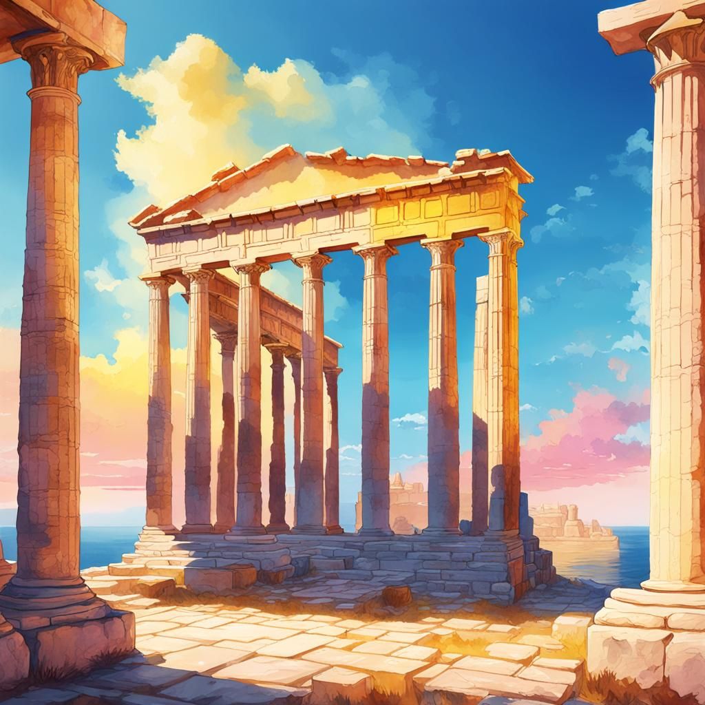 Watercolor of Greek Colonnade Above Blue Sea