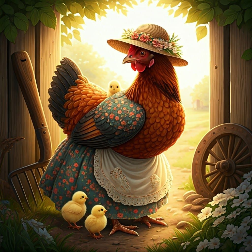 Whimsical Mother Hen Surrounded by Chicks in a Sun-Dappled F...