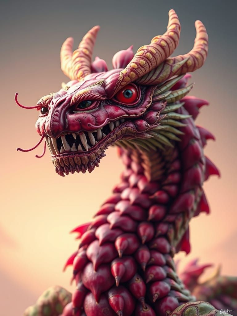 Dragon Made of Beets and Ginger Roots in Futuristic Style