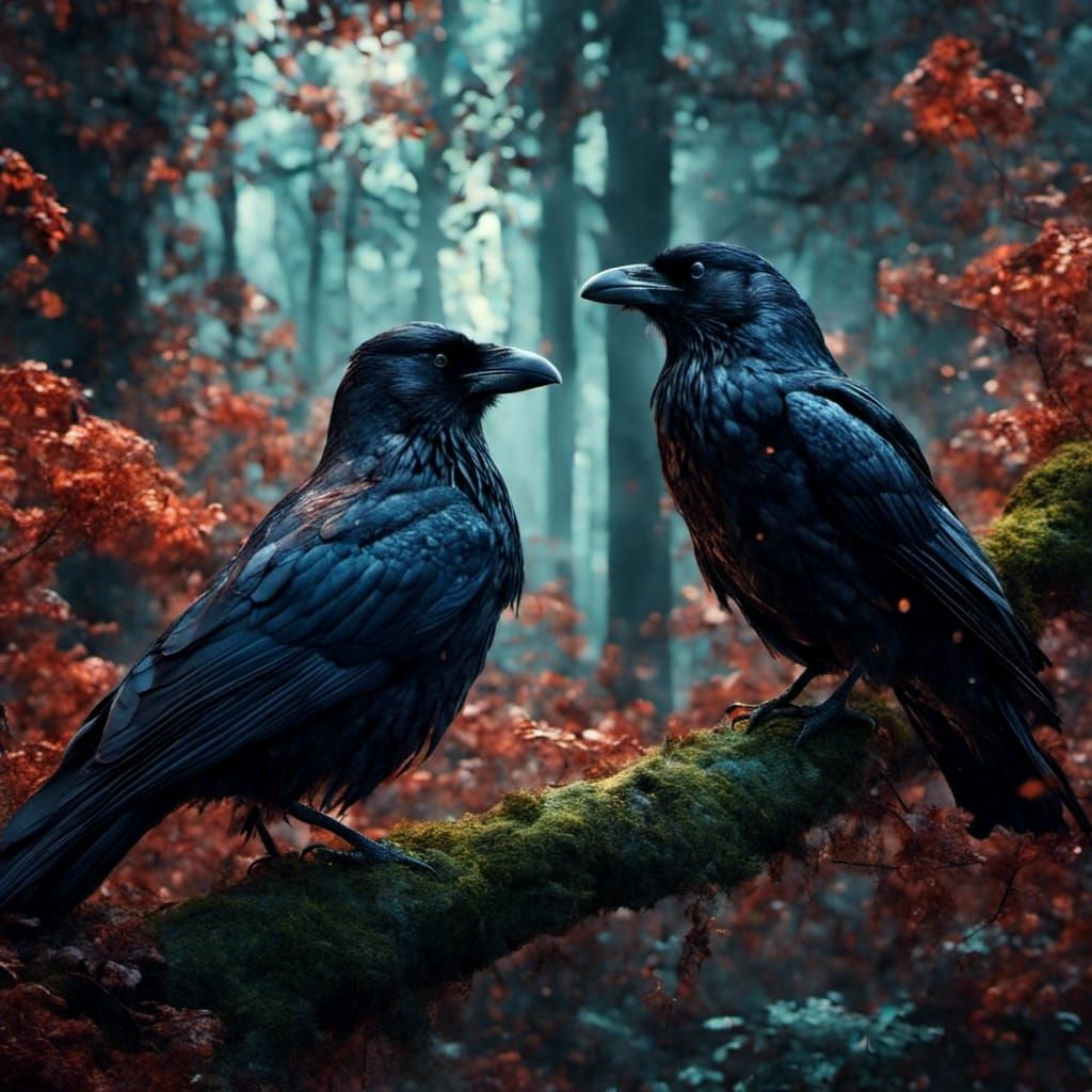 Ravens in Mythological Scandinavian Forest